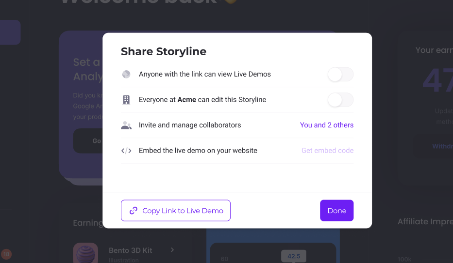 Walnut demo platform: sharing panel