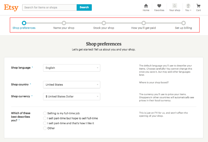 Etsy customer onboarding example 