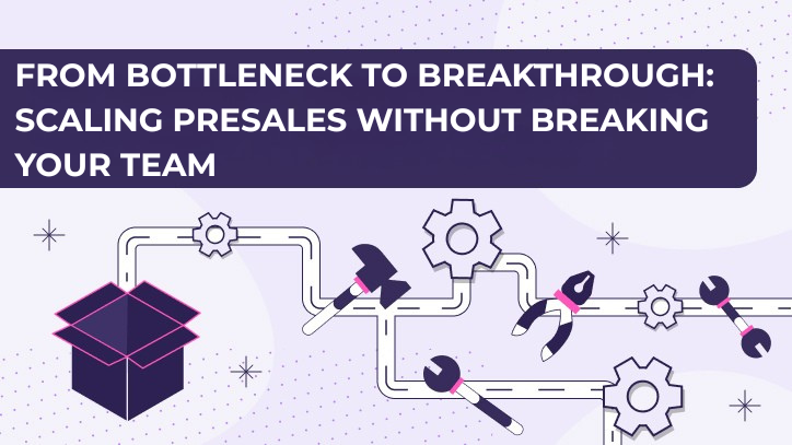 Illustration of a PreSales automation process with tools, gears, and blog title on scaling PreSales teams.
