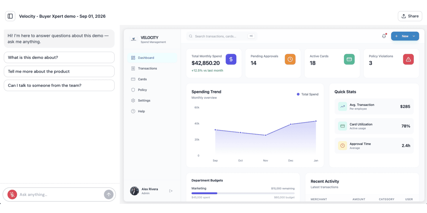 The Velocity spend-management demo with the Buyer Xpert panel open, offering to answer questions about the demo
